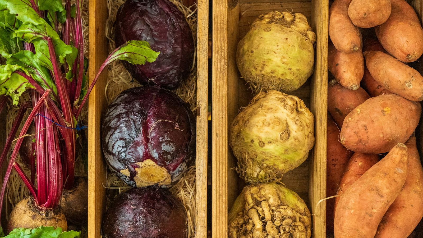 Beetroot, red cabbage, celeriac and sweet potatoes in wooden crates